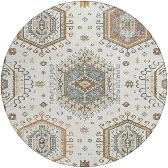 8' Ivory And Beige Round Tribal Washable Indoor Outdoor Area Rug Photo 1