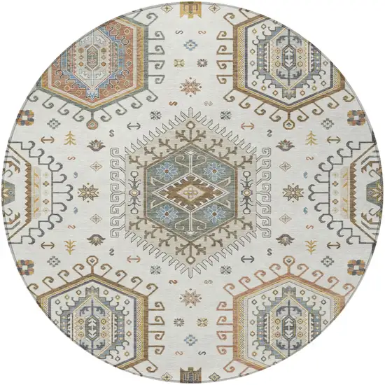 8' Ivory And Beige Round Tribal Washable Indoor Outdoor Area Rug Photo 3