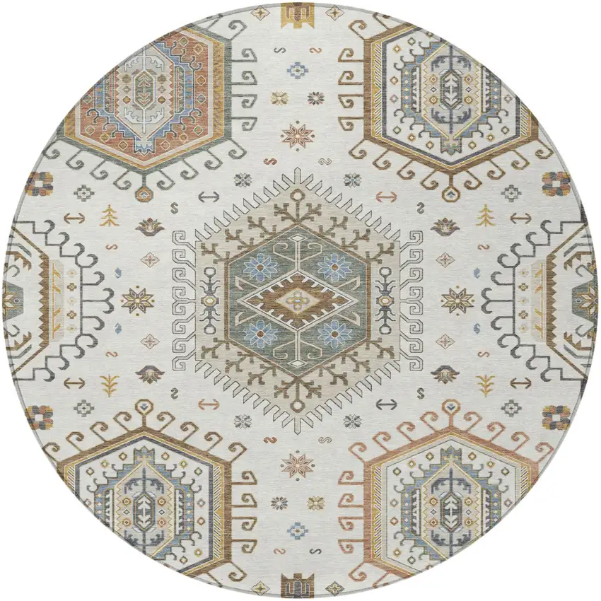 8' Ivory And Beige Round Tribal Washable Indoor Outdoor Area Rug Photo 3