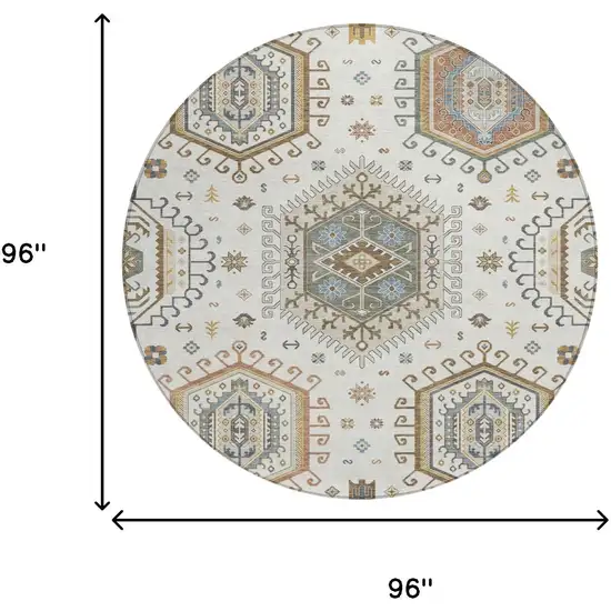 8' Ivory And Beige Round Tribal Washable Indoor Outdoor Area Rug Photo 5