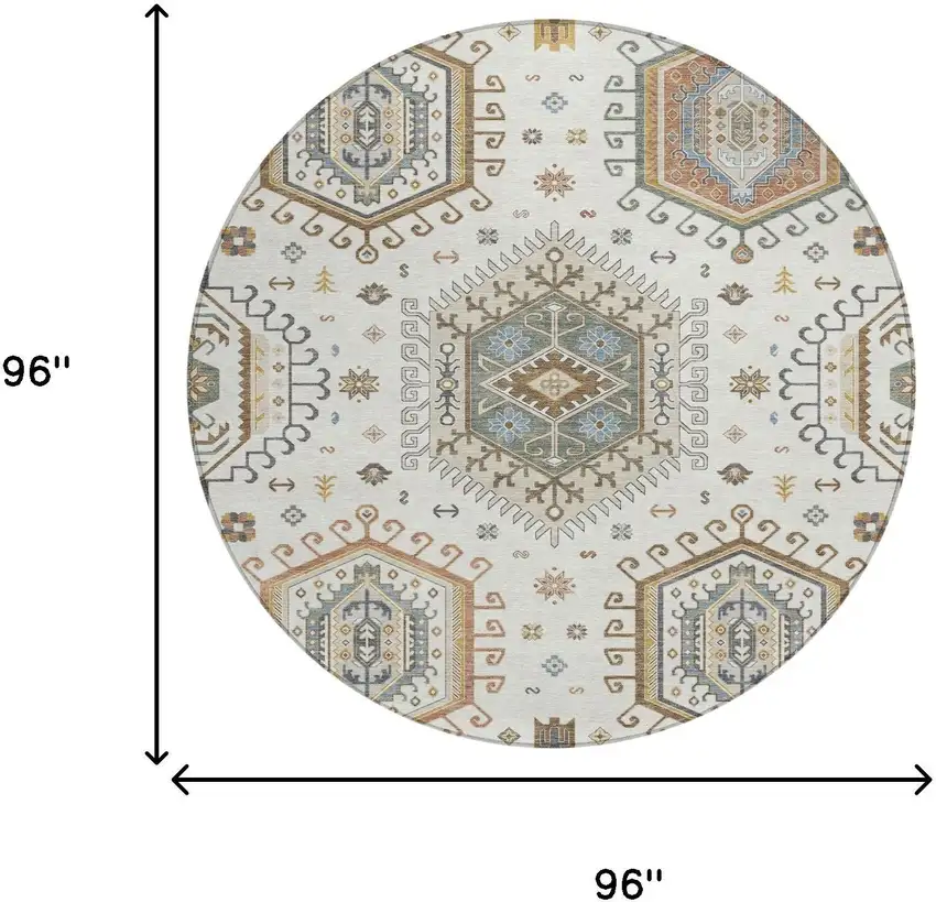 8' Ivory And Beige Round Tribal Washable Indoor Outdoor Area Rug Photo 5