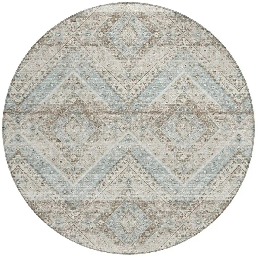 8' Ivory And Beige Round Tribal Washable Indoor Outdoor Area Rug Photo 3