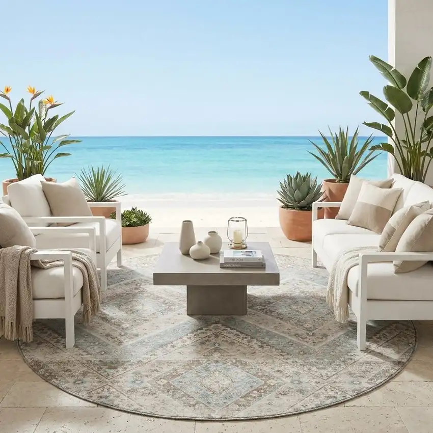 8' Ivory And Beige Round Tribal Washable Indoor Outdoor Area Rug Photo 1