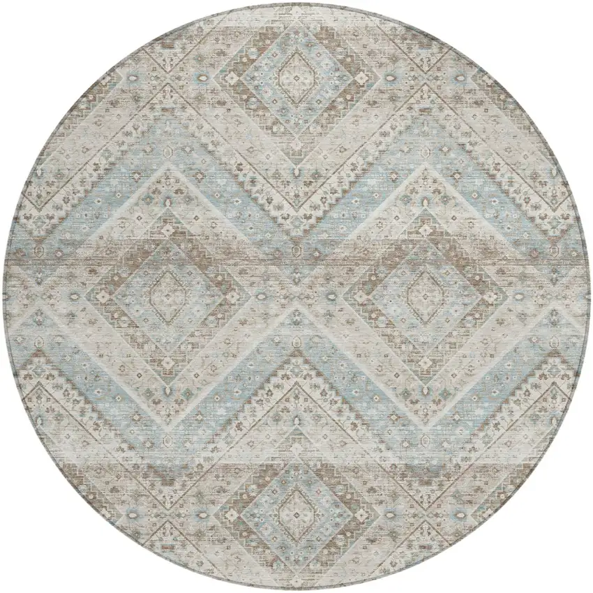 8' Ivory And Beige Round Tribal Washable Indoor Outdoor Area Rug Photo 2