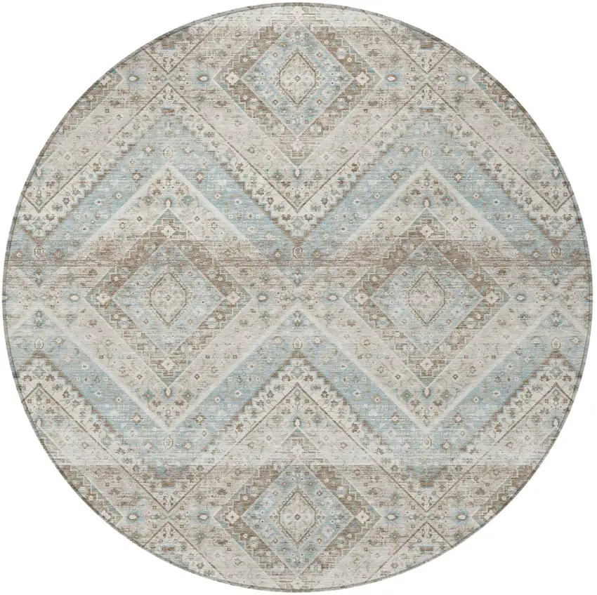 8' Ivory And Beige Round Tribal Washable Indoor Outdoor Area Rug Photo 4