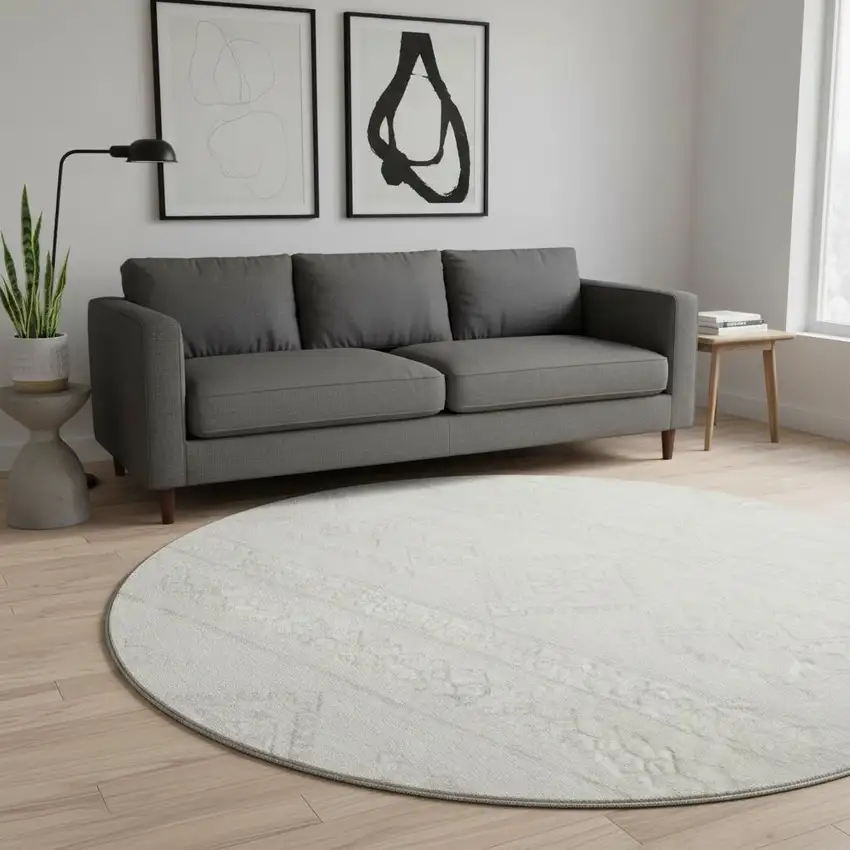 8' Ivory And Beige Southwestern Washable Round Rug With UV Protection Photo 2