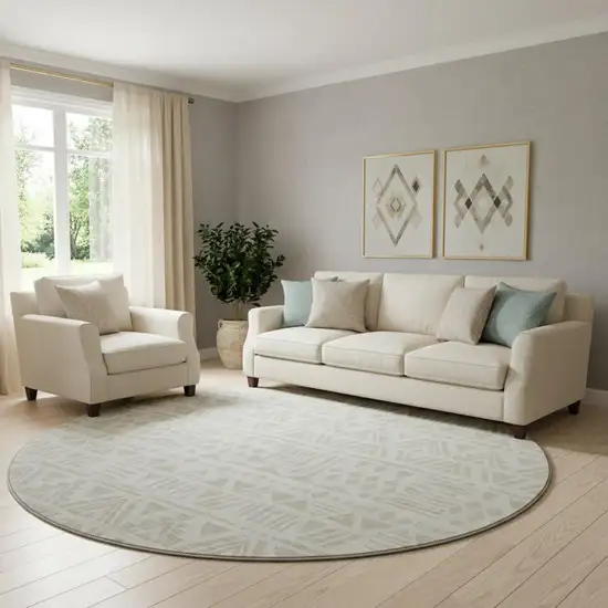 8' Ivory And Beige Southwestern Washable Round Rug With UV Protection Photo 1