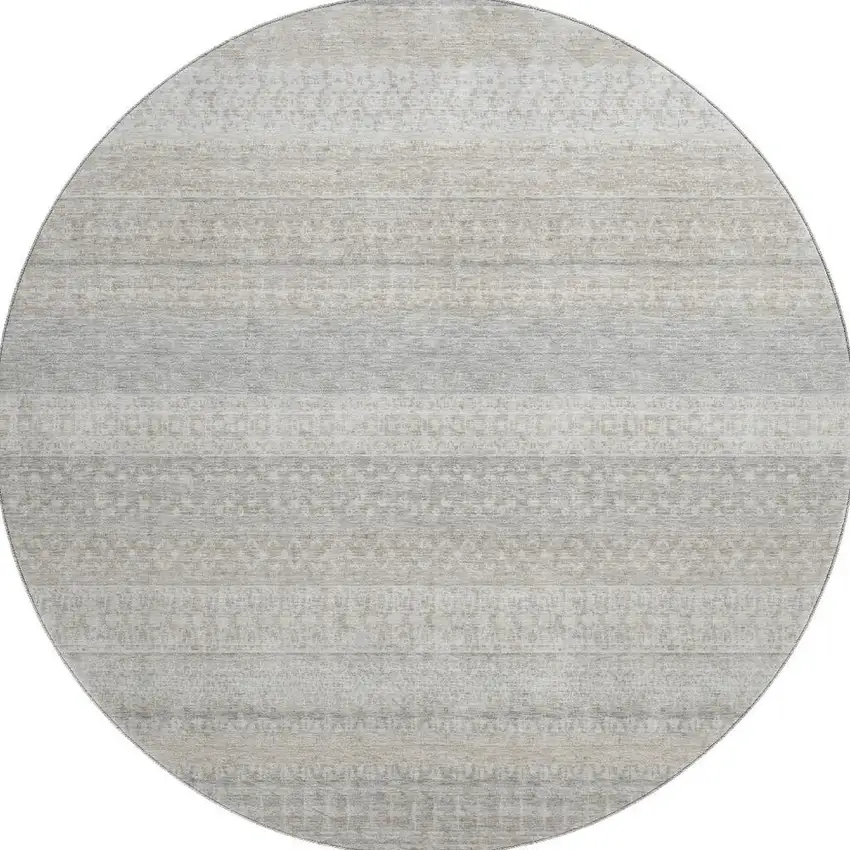 8' Ivory And Beige Striped Washable Round Rug With UV Protection Photo 4