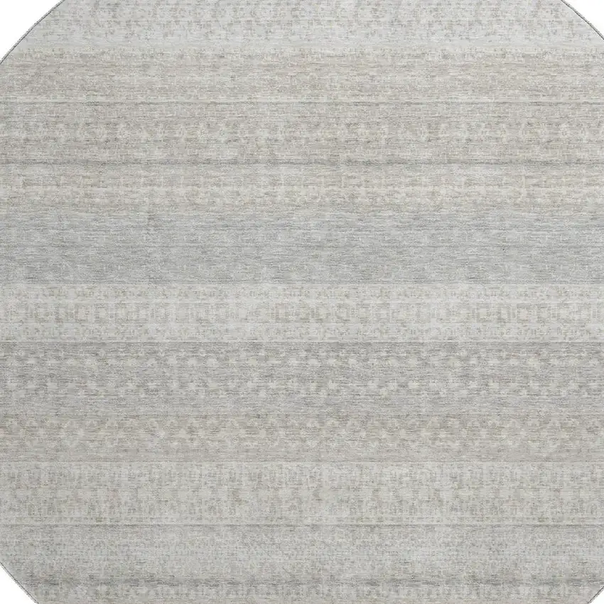 8' Ivory And Beige Striped Washable Round Rug With UV Protection Photo 3