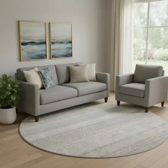 8' Ivory And Beige Striped Washable Round Rug With UV Protection Photo 1