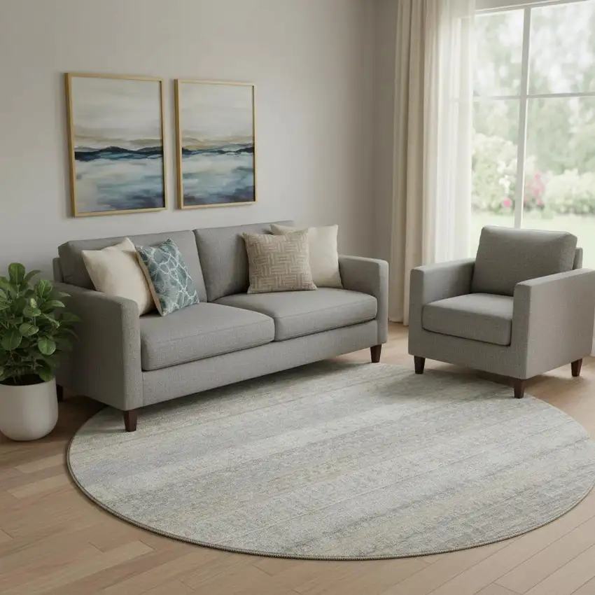 8' Ivory And Beige Striped Washable Round Rug With UV Protection Photo 1