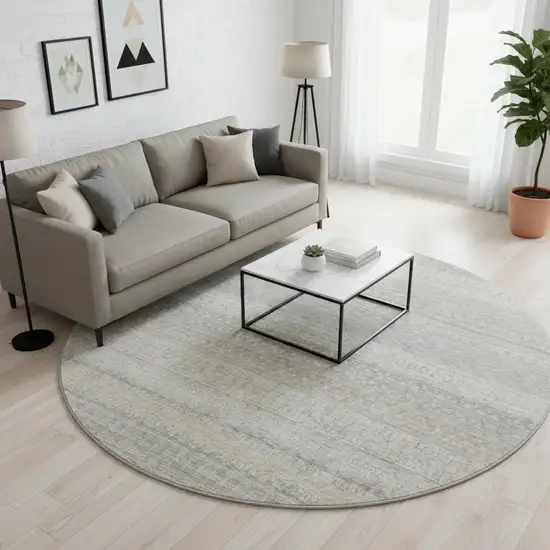 8' Ivory And Beige Striped Washable Round Rug With UV Protection Photo 2