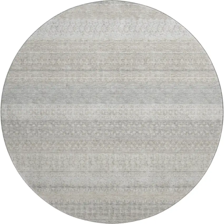 8' Ivory And Beige Striped Washable Round Rug With UV Protection Photo 1