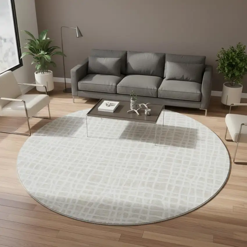 8' Ivory And Beige Striped Washable Round Rug With UV Protection Photo 2