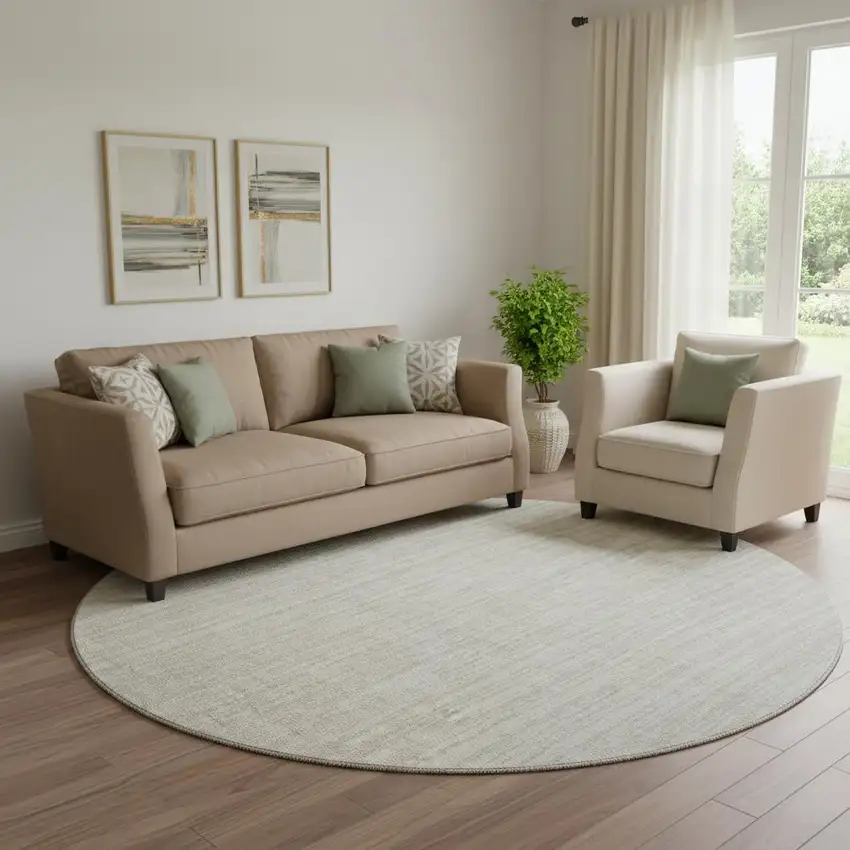 8' Ivory And Beige Striped Washable Round Rug With UV Protection Photo 1