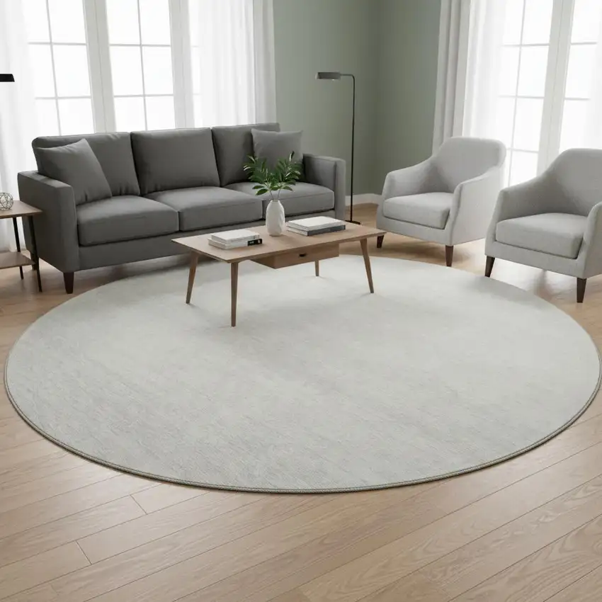 8' Ivory And Beige Striped Washable Round Rug With UV Protection Photo 2