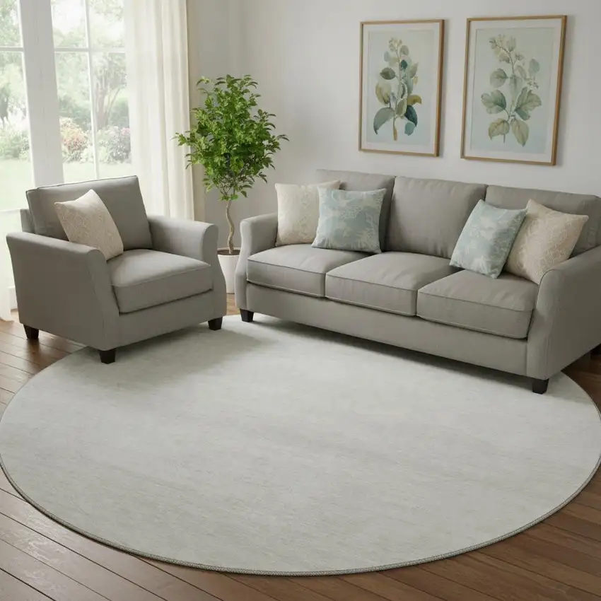 8' Ivory And Beige Striped Washable Round Rug With UV Protection Photo 1