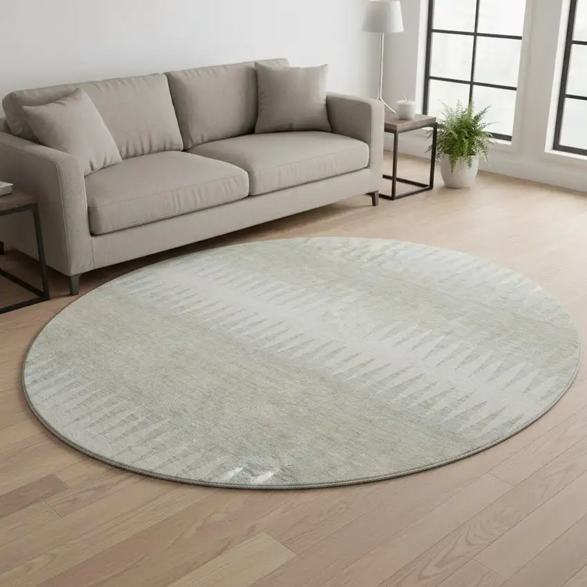 8' Ivory And Beige Striped Washable Round Rug With UV Protection Photo 2