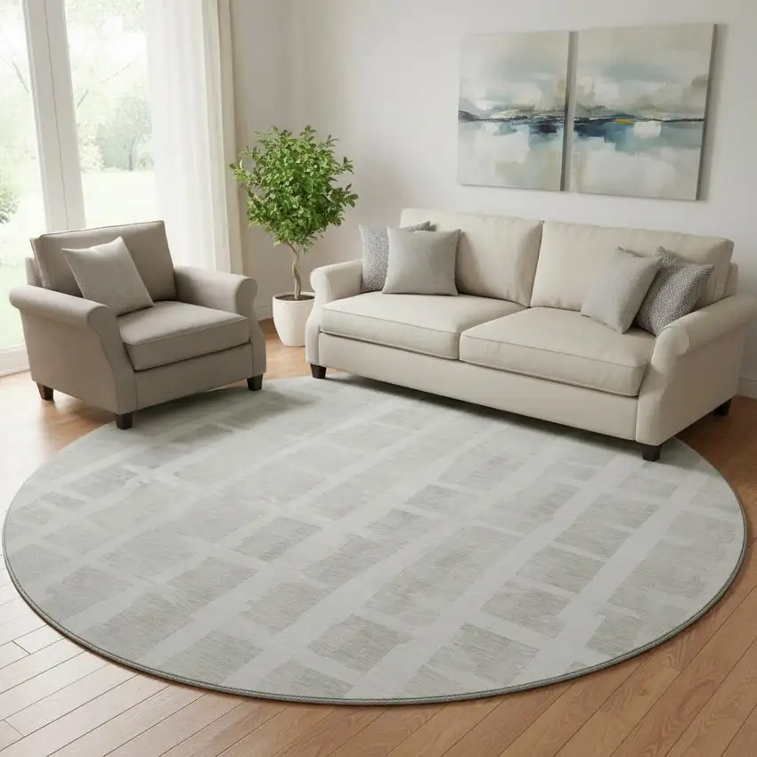 8' Ivory And Beige Striped Washable Round Rug With UV Protection Photo 1