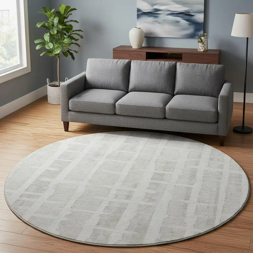 8' Ivory And Beige Striped Washable Round Rug With UV Protection Photo 2