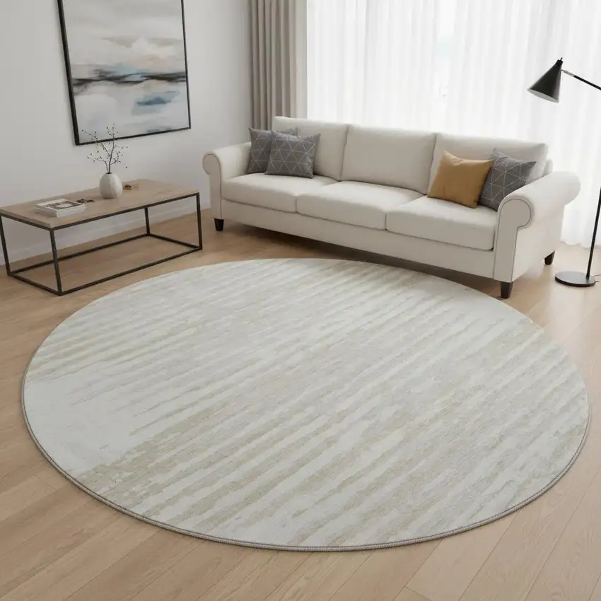 8' Ivory And Beige Striped Washable Round Rug With UV Protection Photo 2