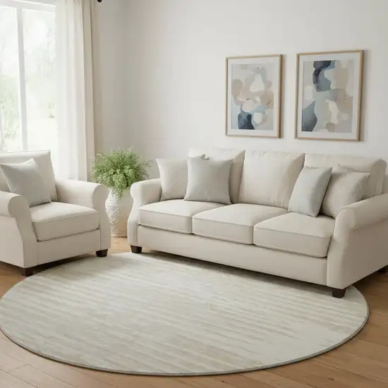 8' Ivory And Beige Striped Washable Round Rug With UV Protection Photo 1