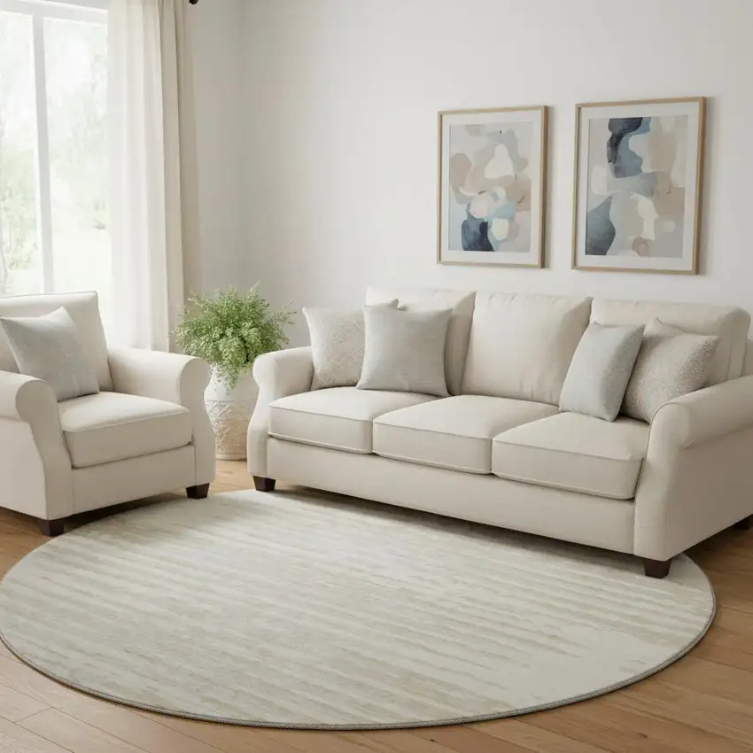 8' Ivory And Beige Striped Washable Round Rug With UV Protection Photo 1