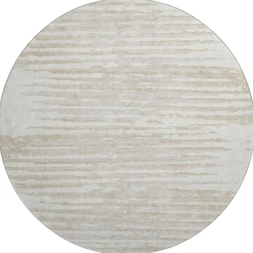 8' Ivory And Beige Striped Washable Round Rug With UV Protection Photo 3