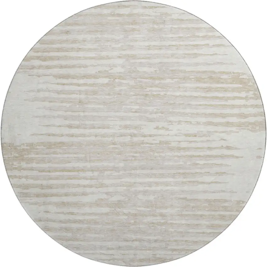 8' Ivory And Beige Striped Washable Round Rug With UV Protection Photo 1