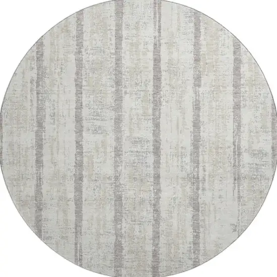8' Ivory And Beige Striped Washable Round Rug With UV Protection Photo 4