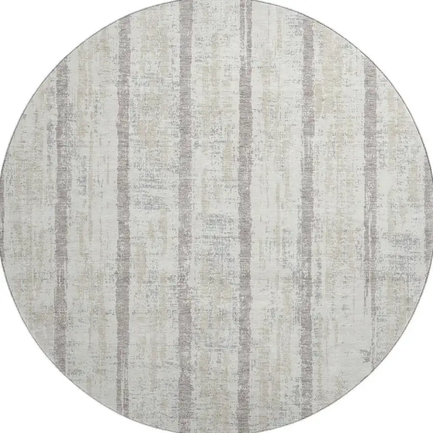 8' Ivory And Beige Striped Washable Round Rug With UV Protection Photo 4