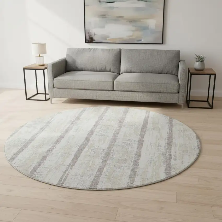 8' Ivory And Beige Striped Washable Round Rug With UV Protection Photo 2