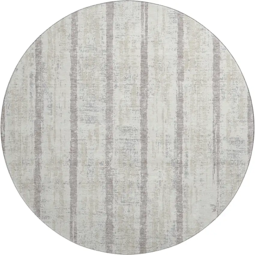8' Ivory And Beige Striped Washable Round Rug With UV Protection Photo 1