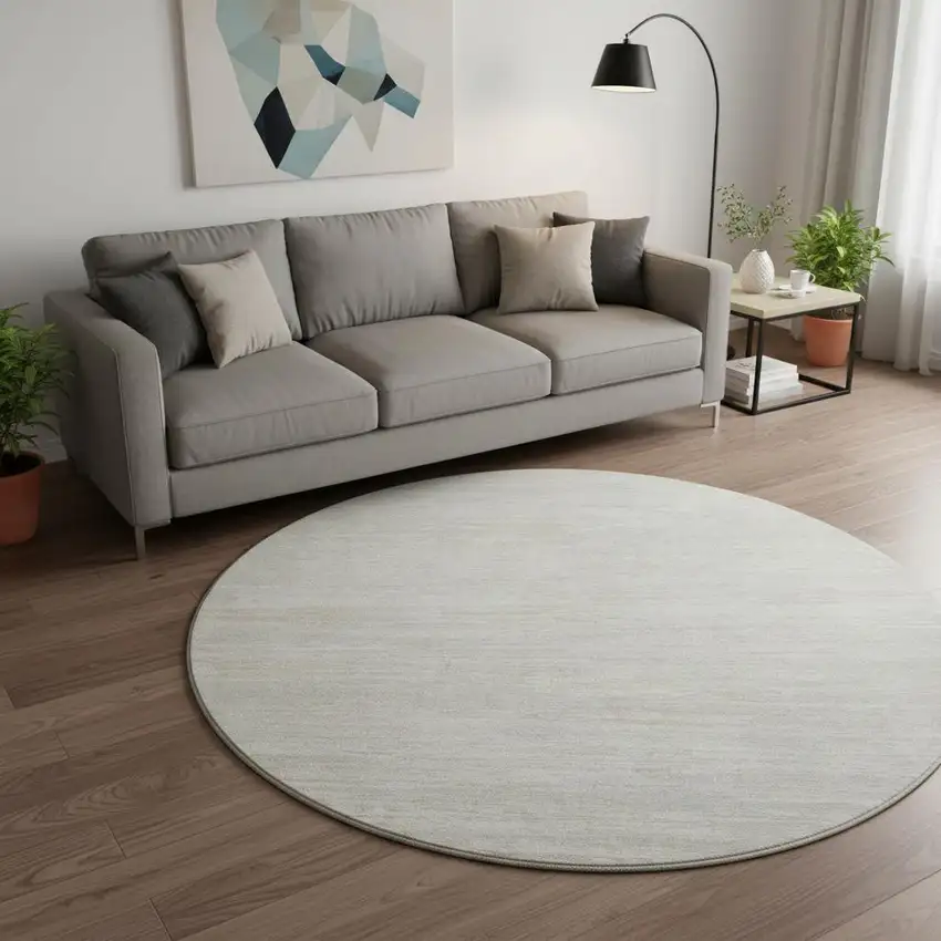 8' Ivory And Beige Striped Washable Round Rug With UV Protection Photo 2