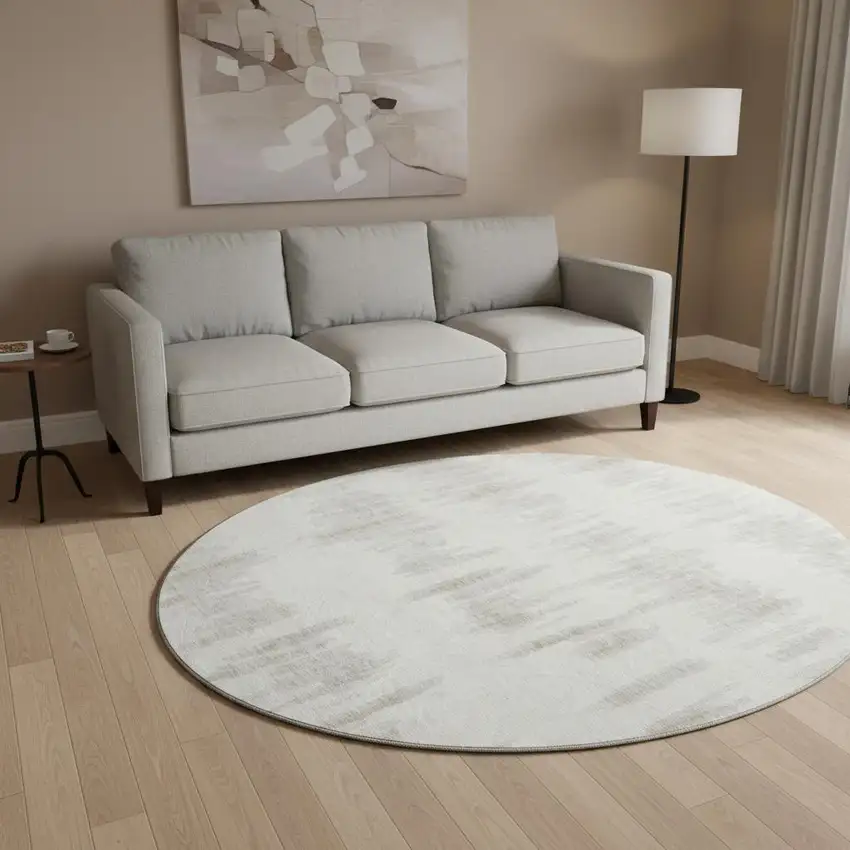 8' Ivory And Beige Striped Washable Round Rug With UV Protection Photo 2