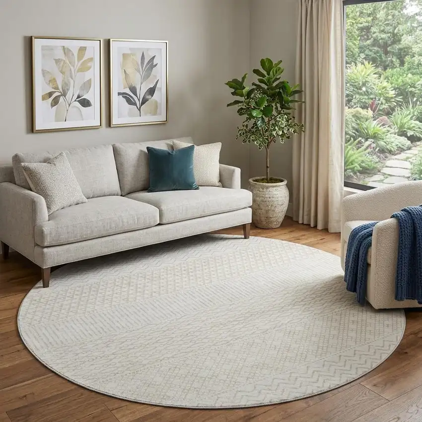 8' Ivory And Beige Striped Washable Round Rug With UV Protection Photo 1