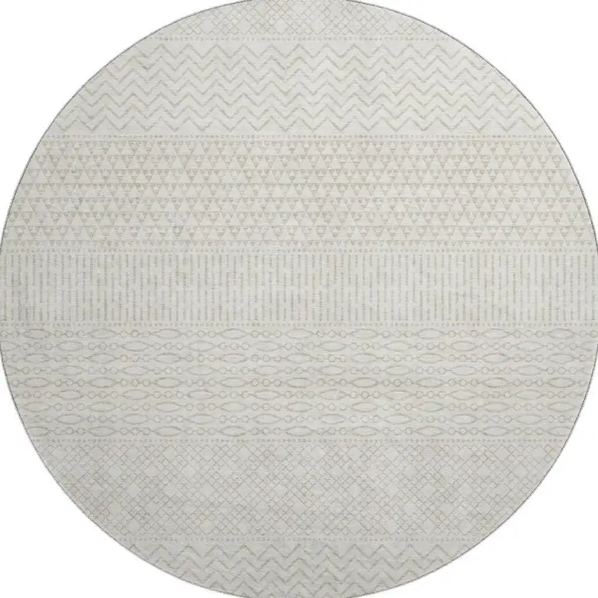 8' Ivory And Beige Striped Washable Round Rug With UV Protection Photo 3