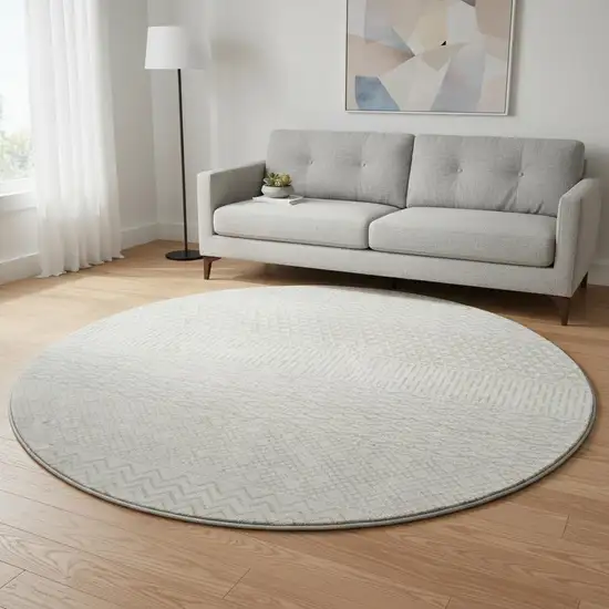 8' Ivory And Beige Striped Washable Round Rug With UV Protection Photo 2