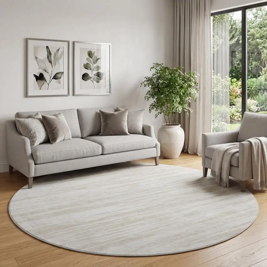 8' Ivory And Beige Striped Washable Round Rug With UV Protection Photo 1