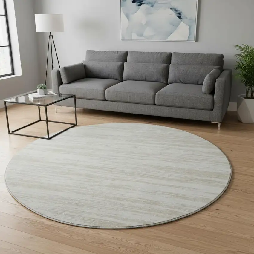 8' Ivory And Beige Striped Washable Round Rug With UV Protection Photo 2