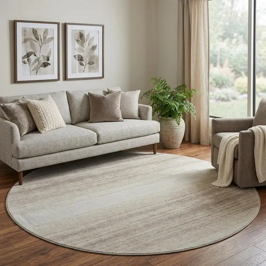 8' Ivory And Beige Striped Washable Round Rug With UV Protection Photo 1
