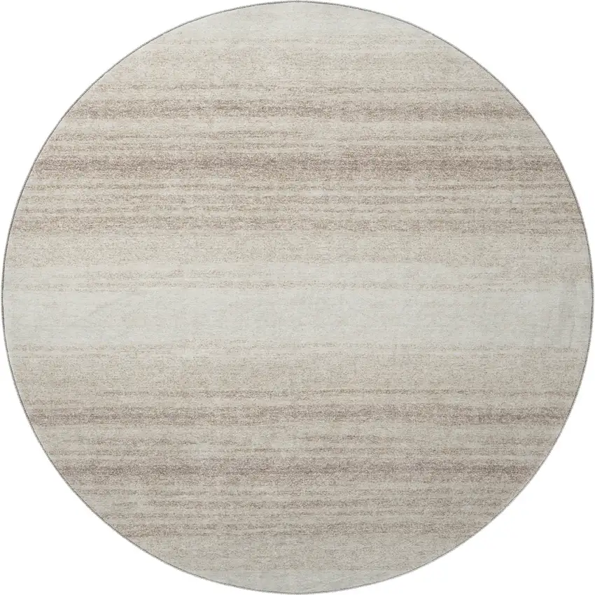8' Ivory And Beige Striped Washable Round Rug With UV Protection Photo 2