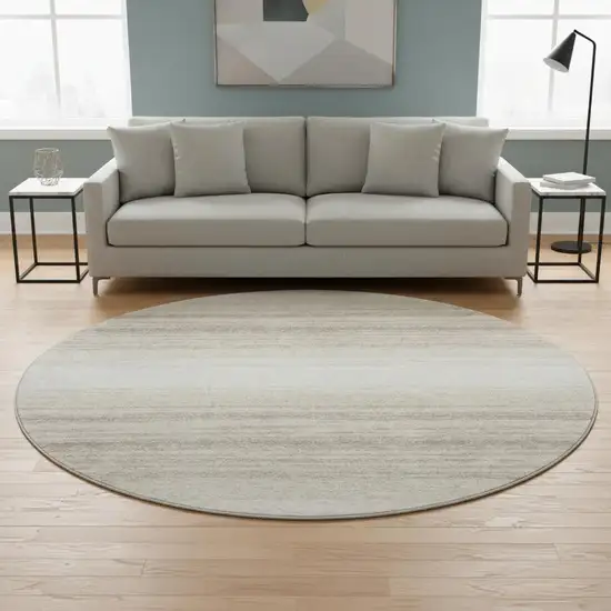 8' Ivory And Beige Striped Washable Round Rug With UV Protection Photo 2