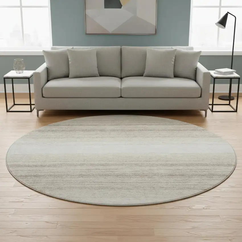 8' Ivory And Beige Striped Washable Round Rug With UV Protection Photo 2