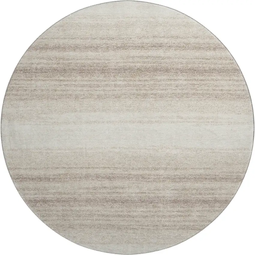 8' Ivory And Beige Striped Washable Round Rug With UV Protection Photo 1