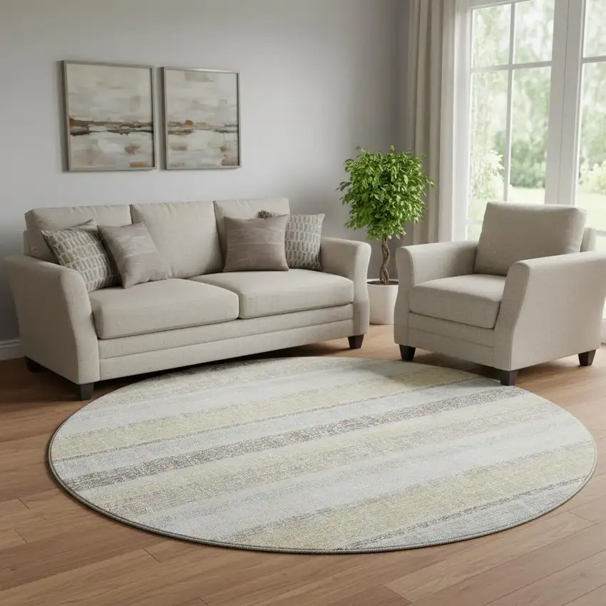 8' Ivory And Beige Striped Washable Round Rug With UV Protection Photo 2