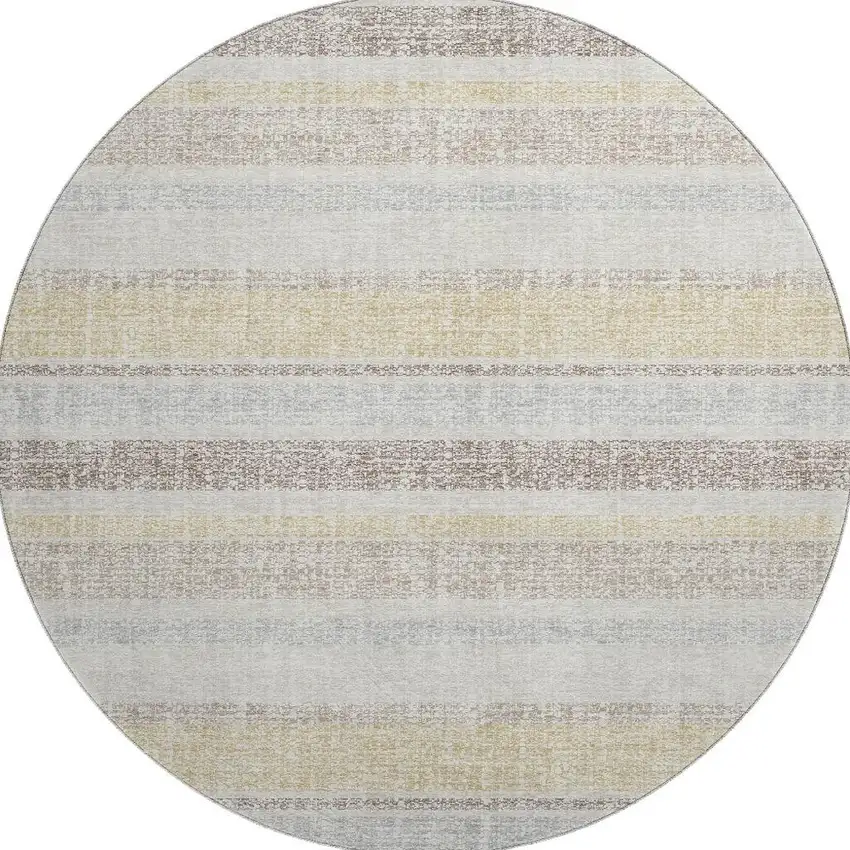 8' Ivory And Beige Striped Washable Round Rug With UV Protection Photo 4