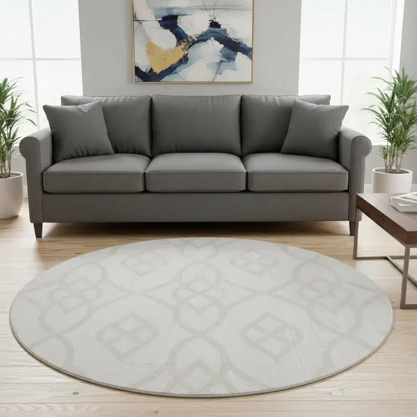 8' Ivory And Beige Trellis Washable Round Rug With UV Protection Photo 2