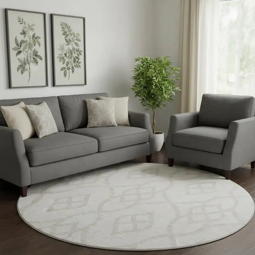 8' Ivory And Beige Trellis Washable Round Rug With UV Protection Photo 1