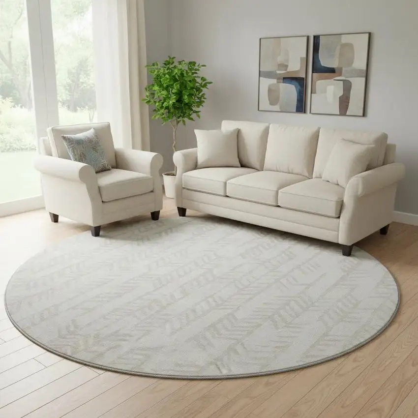 8' Ivory And Beige Tribal Washable Round Rug With UV Protection Photo 1